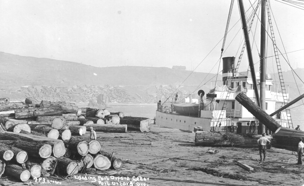 Maritime - Dock - Piling - Loading logs - Port Orford Cedar SS Mary E. Moore c1925