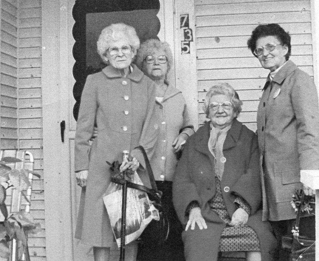 From left to right, Myrtle McGill Forty, Dode Forty Woodworth, 
Seneva Sorenson Lindberg, Lucile Lindberg Douglas
On the front porch of the Forty House
